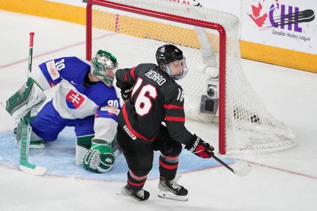 January 2, 2023, Halifax, NS, Canada: Canada s Connor Bedard, right, reacts after scoring a goal on Slovakia s goaltender Jan Korec during first period IIHF World Junior Hockey Championship quarterfinal action in Halifax, Monday, Jan. 2, 2023. Connor Bedard, Jan Korec  - ZUMAc35_ 20230102_zaf_c35_102 Copyright: xDarrenxCalabresex
