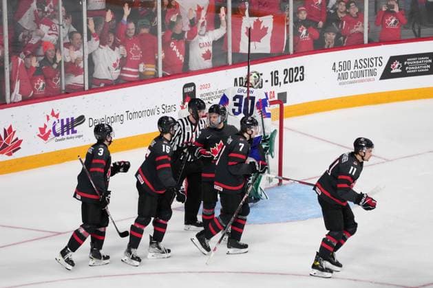 January 2, 2023, Halifax, NS, Canada: Canada s Dylan Guenther, right, celebrates his goal with teammates, from left to right, Olen Zellweger, Shane Wright, Connor Bedard, and Brennan Othmann in front of Slovakia s goaltender Jan Korec during second period IIHF World Junior Hockey Championship quarterfinal action in Halifax, Monday, Jan. 2, 2023. Dylan Guenther, Olen Zellweger, Shane Wright, Connor Bedard, Brennan Othmann, Jan Korec  - ZUMAc35_ 20230102_zaf_c35_107 Copyright: xDarrenxCalabresex
