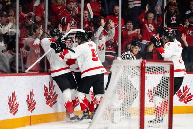 230105 Connor Bedard of Canada celebrates the 2 1 goal during the 2023 IIHF World Junior Championship semifinal between USA and Canada on January 5, 2023 in Halifax Photo Simon Hastegard BILDBYRAN kod SH SH0402 ishockey ice hockey jvm junior vm u20 2023 iihf world junior championship world juniors semifinal semifinals usa canada kanada bbeng jubel,  Copyright: SIMONxHASTEGARD BB230105SH002
