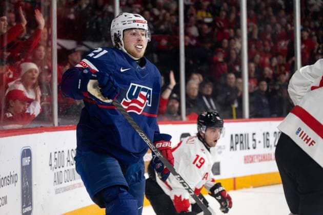 230105 Luke Mittelstadt of USA during the 2023 IIHF World Junior Championship semifinal between USA and Canada on January 5, 2023 in Halifax Photo Simon Hastegard BILDBYRAN code SH SH0402 ishockey ice hockey jvm junior vm u20 2023 iihf world junior championship world juniors semifinal semifinals usa canada canada bbeng,  Copyright: SIMONxHASTEGARD BB230105SH025
