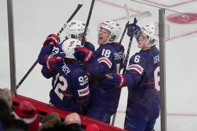 January 4, 2023, Halifax, NS, Canada: USA s Logan Cooley, second from left, celebrates his goal with teammates Jack Peart, left, Jimmy Snuggerud, second from right, and Ryan Ufko during first period IIHF World Junior Hockey Championship semifinal action against Canada in Halifax on Wednesday, January 4, 2023. Logan Cooley, Jack Peart, Jimmy Snuggerud, Ryan Ufko  - ZUMAc35_ 20230104_zaf_c35_090 Copyright: xDarrenxCalabresex