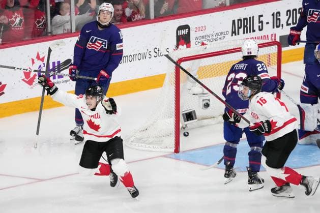 January 4, 2023, Halifax, NS, Canada: Canada s Logan Stankoven, left, celebrates his goal with teammate Connor Bedard, right, as USA s Jimmy Snuggerud, second from left, and Jack Peart look on during second period IIHF World Junior Hockey Championship semifinal action in Halifax on Wednesday, January 4, 2023. Logan Stankoven, Connor Bedard, Jimmy Snuggerud, Jack Peart  - ZUMAc35_ 20230104_zaf_c35_092 Copyright: xDarrenxCalabresex