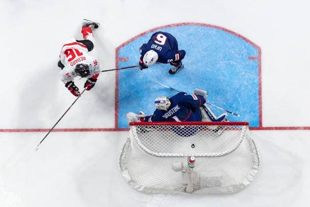 230105 Connor Bedard of Canada scores the 2 1 goal behind Ryan Ufko and goaltender Trey Augustine of USA during the 2023 IIHF World Junior Championship semifinal between USA and Canada on January 5, 2023 in Halifax Photo Simon Hastegard BILDBYRAN kod SH SH0402 ishockey ice hockey jvm junior vm u20 2023 iihf world junior championship world juniors semifinal semifinals usa canada kanada bbeng jubel,  Copyright: SIMONxHASTEGARD BB230105SH046