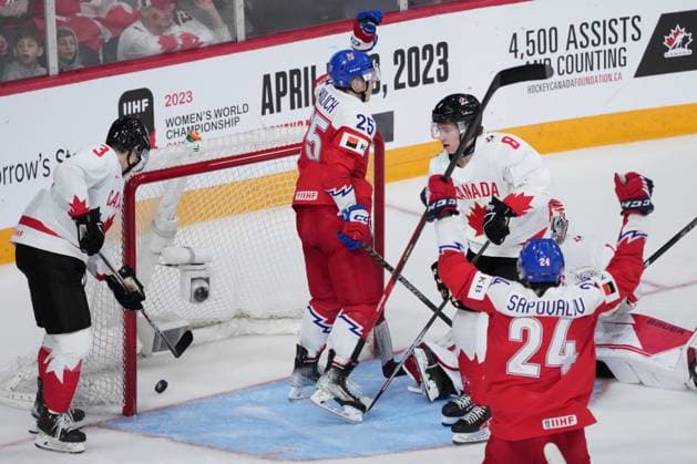 January 5, 2023, Halifax, NS, Canada: Czechia s Jiri Kulich, second from left, celebrates his goal as Canada s Olen Zellweger, left, and Owen Beck look on during third period IIHF World Junior Hockey Championship gold medal action in Halifax on Thursday, January 5, 2023. Jiri Kulich, Olen Zellweger, Owen Beck - ZUMAc35_ 20230105_zaf_c35_056 Copyright: xDarrenxCalabresex