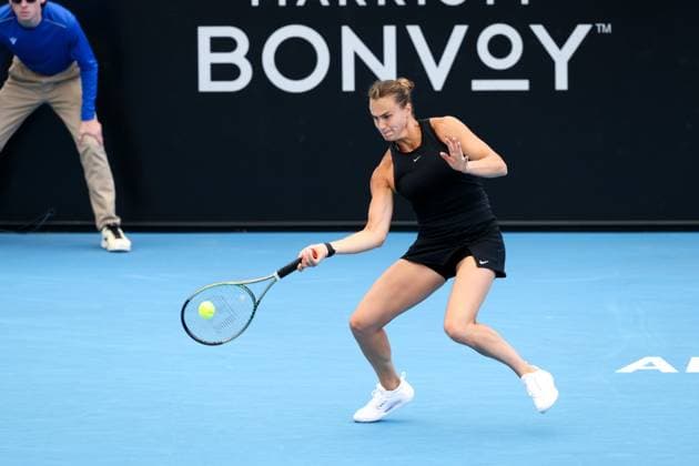 ADELAIDE, AUSTRALIA - JANUARY 07: Aryna Sabalenka of Belarus plays a forehand during the Adelaide International tennis match between Irina-Camelia Begu of Romania and Aryna Sabalenka of Belarus at Memorial Drive on January 07, 2023 in Adelaide, Australia. (Photo by Peter Mundy Speed Media Icon Sportswire) TENNIS: JAN 07 - Adelaide International Icon2301070020