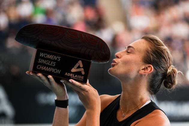 Sport Bilder des Tages TENNIS ADELAIDE INTERNATIONAL, Aryna Sabalenka celebrates victory during her match against Linda Noskova of Czechia in the Womens Singles Final 2023 Adelaide International Tennis Tournament at the Memorial Drive Tennis Centre in Adelaide, Sunday, January 8, 2023. ( NO ARCHIVING, EDITORIAL USE ONLY, NO USE IN BOOKS WITHOUT CONSENT ADELAIDE SOUTH AUSTRALIA AUSTRALIA  Copyright: xMATTxTURNERx 20230108001750075865