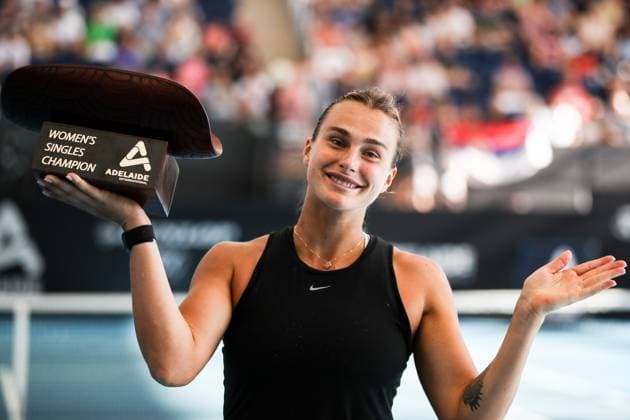 TENNIS ADELAIDE INTERNATIONAL, Aryna Sabalenka celebrates victory during her match against Linda Noskova of Czechia in the Womens Singles Final 2023 Adelaide International Tennis Tournament at the Memorial Drive Tennis Centre in Adelaide, Sunday, January 8, 2023. ( NO ARCHIVING, EDITORIAL USE ONLY, NO USE IN BOOKS WITHOUT CONSENT ADELAIDE SOUTH AUSTRALIA AUSTRALIA  Copyright: xMATTxTURNERx 20230108001750075895