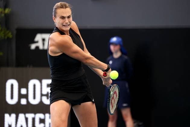 ADELAIDE, AUSTRALIA - JANUARY 08: Aryna Sabalenka of Belarus hits a backhand during the Adelaide International tennis final match between Aryna Sabalenka of Belarus and Linda Noskova of Czech Republic at Memorial Drive on January 08, 2023 in Adelaide, Australia. (Photo by Peter Mundy Speed Media Icon Sportswire) TENNIS: JAN 08 - Adelaide International Icon2301080053