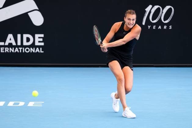 ADELAIDE, AUSTRALIA - JANUARY 08: Aryna Sabalenka of Belarus hits a backhand during the Adelaide International tennis final match between Aryna Sabalenka of Belarus and Linda Noskova of Czech Republic at Memorial Drive on January 08, 2023 in Adelaide, Australia. (Photo by Peter Mundy Speed Media Icon Sportswire) TENNIS: JAN 08 - Adelaide International Icon2301080022