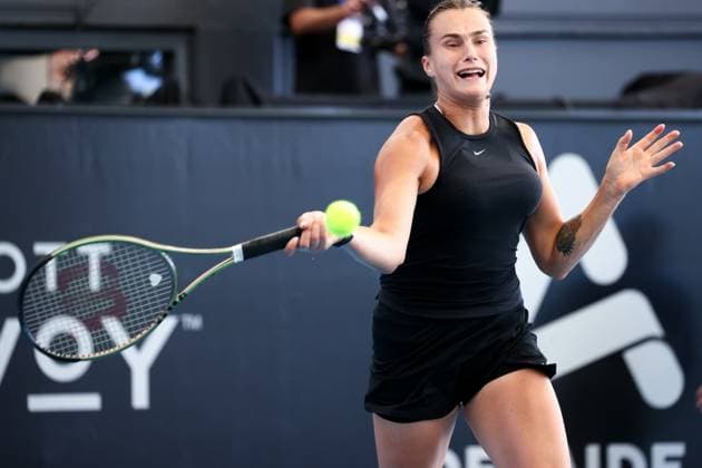 ADELAIDE, AUSTRALIA - JANUARY 08: Aryna Sabalenka of Belarus hits a forehand during the Adelaide International tennis final match between Aryna Sabalenka of Belarus and Linda Noskova of Czech Republic at Memorial Drive on January 08, 2023 in Adelaide, Australia. (Photo by Peter Mundy Speed Media Icon Sportswire) TENNIS: JAN 08 - Adelaide International Icon2301080067