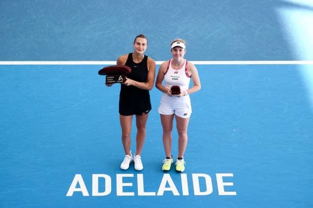 ADELAIDE, AUSTRALIA - JANUARY 08: Aryna Sabalenka of Belarus celebrates winning the Adelaide International tennis final match between Aryna Sabalenka of Belarus and Linda Noskova of Czech Republic at Memorial Drive on January 08, 2023 in Adelaide, Australia. (Photo by Peter Mundy Speed Media Icon Sportswire) TENNIS: JAN 08 - Adelaide International Icon2301080083