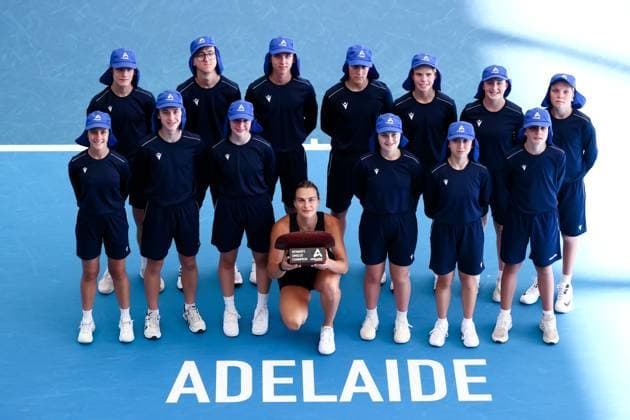ADELAIDE, AUSTRALIA - JANUARY 08: Aryna Sabalenka of Belarus celebrates winning the Adelaide International tennis final match between Aryna Sabalenka of Belarus and Linda Noskova of Czech Republic at Memorial Drive on January 08, 2023 in Adelaide, Australia. (Photo by Peter Mundy Speed Media Icon Sportswire) TENNIS: JAN 08 - Adelaide International Icon2301080085