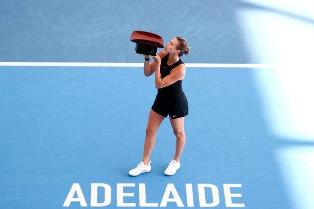 ADELAIDE, AUSTRALIA - JANUARY 08: Aryna Sabalenka of Belarus celebrates winning the Adelaide International tennis final match between Aryna Sabalenka of Belarus and Linda Noskova of Czech Republic at Memorial Drive on January 08, 2023 in Adelaide, Australia. (Photo by Peter Mundy Speed Media Icon Sportswire) TENNIS: JAN 08 - Adelaide International Icon2301080086