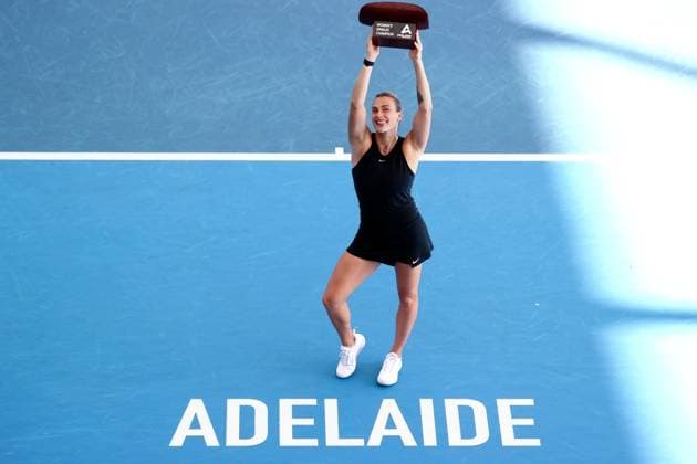 ADELAIDE, AUSTRALIA - JANUARY 08: Aryna Sabalenka of Belarus celebrates winning the Adelaide International tennis final match between Aryna Sabalenka of Belarus and Linda Noskova of Czech Republic at Memorial Drive on January 08, 2023 in Adelaide, Australia. (Photo by Peter Mundy Speed Media Icon Sportswire) TENNIS: JAN 08 - Adelaide International Icon2301080088