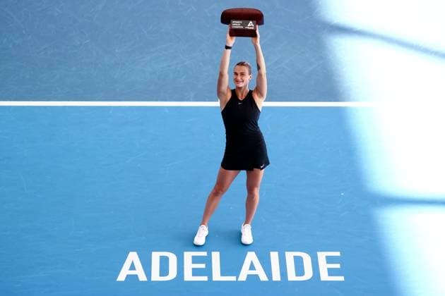 ADELAIDE, AUSTRALIA - JANUARY 08: Aryna Sabalenka of Belarus celebrates winning the Adelaide International tennis final match between Aryna Sabalenka of Belarus and Linda Noskova of Czech Republic at Memorial Drive on January 08, 2023 in Adelaide, Australia. (Photo by Peter Mundy Speed Media Icon Sportswire) TENNIS: JAN 08 - Adelaide International Icon2301080093