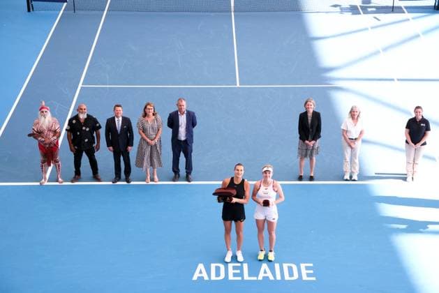 ADELAIDE, AUSTRALIA - JANUARY 08: Aryna Sabalenka of Belarus celebrates winning the Adelaide International tennis final match between Aryna Sabalenka of Belarus and Linda Noskova of Czech Republic at Memorial Drive on January 08, 2023 in Adelaide, Australia. (Photo by Peter Mundy Speed Media Icon Sportswire) TENNIS: JAN 08 - Adelaide International Icon2301080097