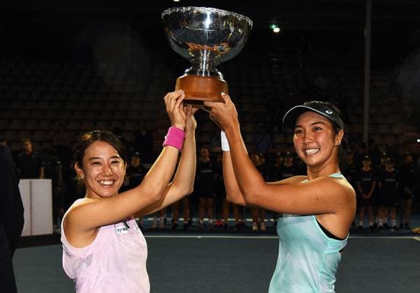 8th January 2022: Auckland, New Zealand: Miyu Kato of Japan and Aldila Sutjiadi of Indonesia celebrate winning their doubles Final match of the 2023 Womens s ASB Classic. ASB Tennis Centre, Auckland, New Zealand.  ActionPlus12466053 ChrisxSymes