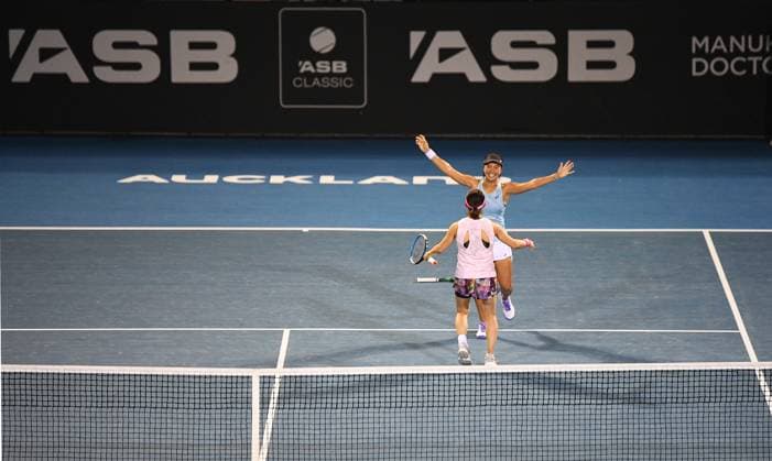 8th January 2022: Auckland, New Zealand: Miyu Kato of Japan and Aldila Sutjiadi of Indonesia celebrate winning their doubles Final match of the 2023 Womens s ASB Classic. ASB Tennis Centre, Auckland, New Zealand.  ActionPlus12466054 ChrisxSymes