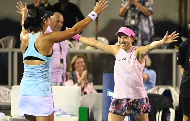 8th January 2022: Auckland, New Zealand: Winners of the doubles final, Japan s Miyu Kato (L) and Indonesia s Aldila Sutjiadi celebrate their victory at the ASB Classic. ASB Tennis Arena, Auckland, New Zealand  ActionPlus12466072 AndrewxCornaga