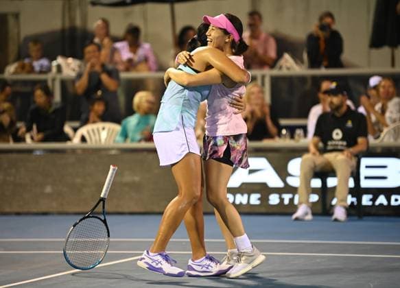 8th January 2022: Auckland, New Zealand: Winners of the doubles final, Japan s Miyu Kato (L) and Indonesia s Aldila Sutjiadi celebrate their victory at the ASB Classic. ASB Tennis Arena, Auckland, New Zealand  ActionPlus12466073 AndrewxCornaga