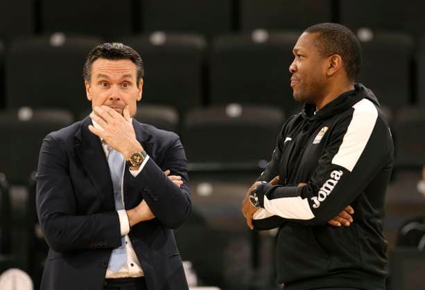 Raoul Korner Towers coach , left talks shop with Ulm co coach Tyron McCoy ex professional at EWE Baskets , right basketball men BBL on Sat 07 01 2023 Hamburg Towers Ratiopharm ULM 65 80