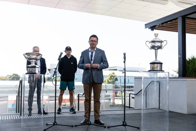 AUSTRALIAN OPEN PREVIEW 2023, Acting Minister for Tourism, and Major Events Anthony Carbines speaks to media ahead of the Australian Open 2023 tennis tournament, at Melbourne Park in Melbourne, Monday, January 9, 2023. ( NO ARCHIVING, EDITORIAL USE ONLY, NO USE IN BOOKS WITHOUT CONSENT MELBOURNE VICTORIA AUSTRALIA  Copyright: xDIEGOxFEDELEx 20230109001750324657