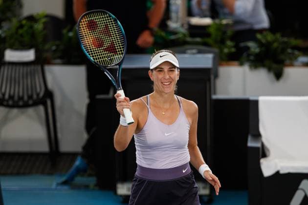 TENNIS ADELAIDE INTERNATIONAL, Belinda Bencic of Switzerland celebrates victory in her match against Garbine Muguruza of Spain during the 2023 Adelaide International Tennis Tournament at the Memorial Drive Tennis Centre in Adelaide, Monday, January 9, 2023. ( NO ARCHIVING, EDITORIAL USE ONLY, NO USE IN BOOKS WITHOUT CONSENT ADELAIDE SOUTH AUSTRALIA AUSTRALIA  Copyright: xMATTxTURNERx 20230109001750428538