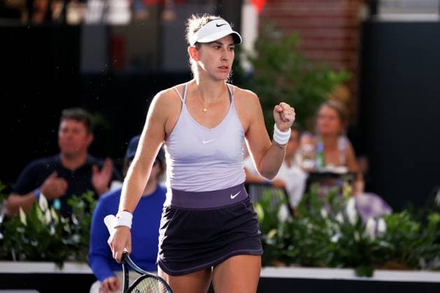 ADELAIDE, AUSTRALIA - JANUARY 09: Belinda Bencic of Switzerland celebrates a win in the Adelaide International tennis match between Garbine Muguruza of Spain and Belinda Bencic of Switzerland at Memorial Drive on January 09, 2023 in Adelaide, Australia. (Photo by Peter Mundy Speed Media Icon Sportswire) TENNIS: JAN 09 - Adelaide International Icon2301090037