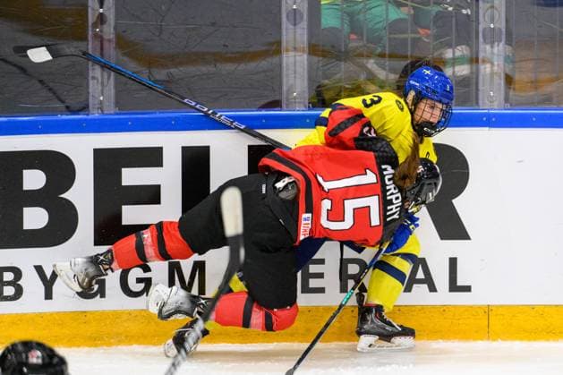 230109 Ava Murphy of Canada and Mira Jungaker of Sweden during the 2023 IIHF U18 Women s World Championship game between Sweden and Canada on January 9, 2023 in Östersund Photo Mathilda Ahlberg BILDBYRAN code MA MA0369 ice hockey ice hockey u18 vm u18 vm 2023 iihf u18 womens world championship sweden sweden canada canada dambbeng,  Copyright: MATHILDAxAHLBERG BB230109MA075