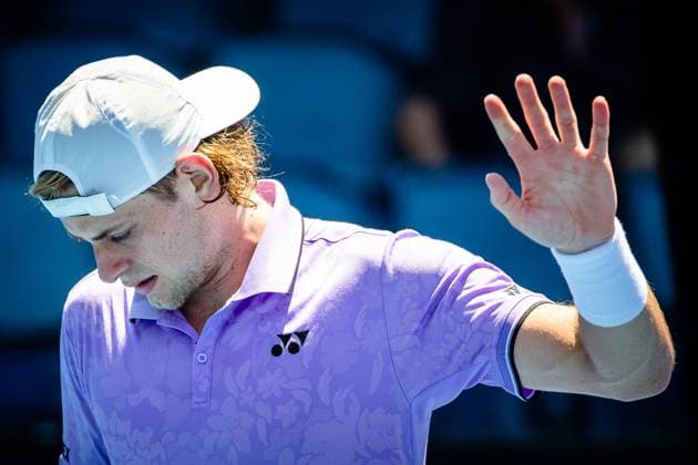 Belgian Zizou Bergs reacts during a tennis game against Chilean Barrios Vera, in the second round of the men s qualifications for the Australian Open tennis Grand Slam, Wednesday 11 January 2023 in Melbourne Park, Melbourne, Australia. PATRICKxHAMILTON  x58052624x