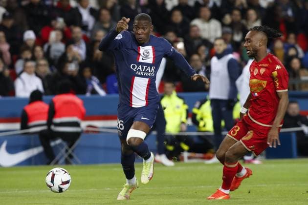 Nordi Mukiele (PSG) Vs Souleyman Doumbia (SCO Angers) FOOTBALL : Paris St Germain Vs Angers - Ligue 1 - 11 01 2023 MichaelBaucher Panoramic 