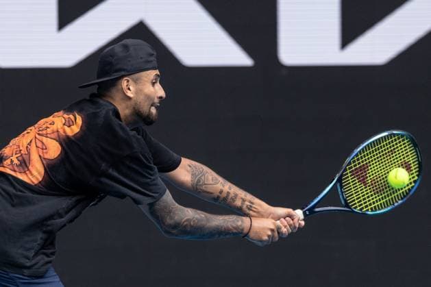 NICK KYRGIOS PRESSER, Australian tennis player Nick Kyrgios during a 2023 practice session Australian Open tennis tournament at Rod Laver Arena in Melbourne, Thursday, January 12, 2023. ( NO ARCHIVING, EDITORIAL USE ONLY, NO USE IN BOOKS WITHOUT CONSENT MELBOURNE VICTORIA AUSTRALIA  Copyright: xDIEGOxFEDELEx 20230112001751315354