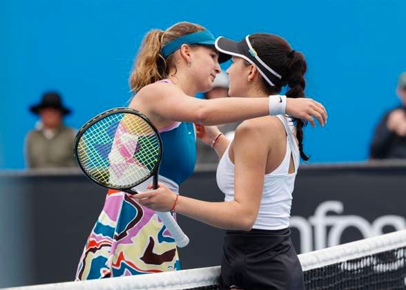 L R Victoria Jimenez Kasintseva congratulates winner Eva Lys,Australian Open Qualifier,Melbourne Park Melbourne,Victoria Australia Copyright: xJuergenxHasenkopfx