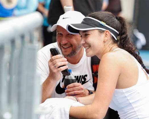 Eva Lys and father Vladimir Wolodymyr hear the congratulations on the phone mobile, after the victory, joy, emotion,Australian Open qualifier, Melbourne Park Melbourne, Victoria Australia Copyright: xJuergenxHasenkopfx