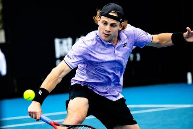 Belgian Zizou Bergs pictured in action during a tennis match between Belgian Bergs and Bulgarian Andreev, in the third round of the men s qualifications for the Australian Open tennis Grand Slam, Thursday 12 January 2023 in Melbourne Park, Melbourne, Australia. PATRICKxHAMILTON  x58080679x