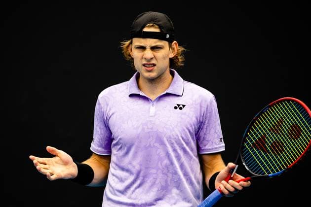 Belgian Zizou Bergs reacts during a tennis match between Belgian Bergs and Bulgarian Andreev, in the third round of the men s qualifications for the Australian Open tennis Grand Slam, Thursday 12 January 2023 in Melbourne Park, Melbourne, Australia. PATRICKxHAMILTON  x58080737x
