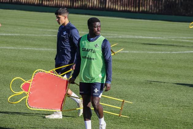 Braydon Manu and Fabio Torsiello in training camp training preparation winter break 2022 23 Darmstadt 98, on 12 01 23 in , El Saler Photo Alfio Marino xamx Copyright: www.alfiomarino.de