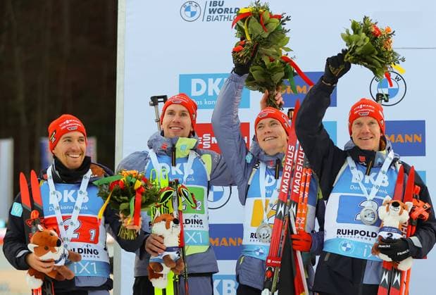 Bilder des Jahres 2023, Sport 01 Januar Sport Themen der Woche KW02 Sport Bilder des Tages BIATHLON - IBU WC Ruhpolding RUHPOLDING,GERMANY,13.JAN.23 - BIATHLON - IBU World Cup, 4x7.5km relay, men. Image shows the rejoicing of David Zobel, Johannes Kuehn, Benedikt Doll and Roman Rees (GER).  GEPAxpictures xThomasxBachun