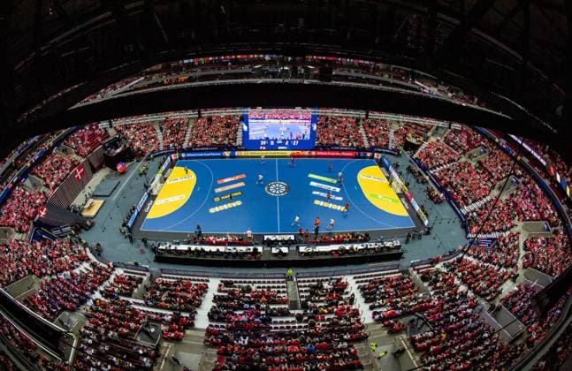 230113 General view of Malmö Arena during the 2023 IHF World Men?s Handball Championship match between Denmark and Belgium on January 13, 2023 in Malmö Photo Petter Arvidson BILDBYRAN code PA PA0487 handball handball handball ihf 2023 world men?s handball championship handballs vm vm 2023 ihf world men?s handball championship day 2 bbeng danmark Denmark Belgium Belgium interior packed malmö arena,  Copyright: PETTERxARVIDSON BB230113PA157