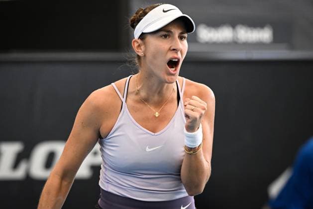 TENNIS ADELAIDE INTERNATIONAL, Belinda Bencic of Switzerland reacts on game point during the 2023 Adelaide International Tennis Tournament at the Memorial Drive Tennis Centre in Adelaide, Saturday, January 14, 2023. ( NO ARCHIVING, EDITORIAL USE ONLY, NO USE IN BOOKS WITHOUT CONSENT ADELAIDE SOUTH AUSTRALIA AUSTRALIA  Copyright: xMICHAELxERREYx 20230114001752112994