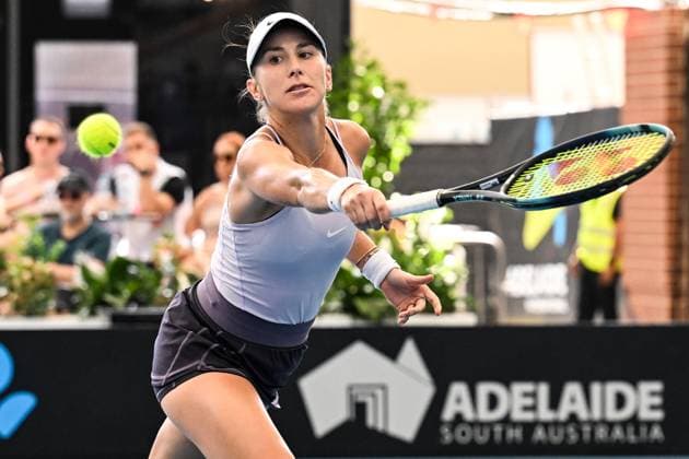 TENNIS ADELAIDE INTERNATIONAL, Belinda Bencic of Switzerland hits a backhand during the 2023 Adelaide International Tennis Tournament at the Memorial Drive Tennis Centre in Adelaide, Saturday, January 14, 2023. ( NO ARCHIVING, EDITORIAL USE ONLY, NO USE IN BOOKS WITHOUT CONSENT ADELAIDE SOUTH AUSTRALIA AUSTRALIA  Copyright: xMICHAELxERREYx 20230114001752121188