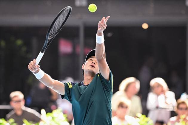 TENNIS ADELAIDE INTERNATIONAL, Soonwoo Kwon of South Korea serving during the 2023 Adelaide International Tennis Tournament at the Memorial Drive Tennis Centre in Adelaide, Saturday, January 14, 2023. ( NO ARCHIVING, EDITORIAL USE ONLY, NO USE IN BOOKS WITHOUT CONSENT ADELAIDE SOUTH AUSTRALIA AUSTRALIA  Copyright: xMICHAELxERREYx 20230114001752129373