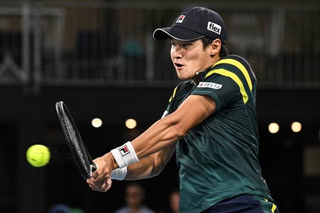 TENNIS ADELAIDE INTERNATIONAL, Soonwoo Kwon of South Korea hits a backhand during the 2023 Adelaide International Tennis Tournament at the Memorial Drive Tennis Centre in Adelaide, Saturday, January 14, 2023. ( NO ARCHIVING, EDITORIAL USE ONLY, NO USE IN BOOKS WITHOUT CONSENT ADELAIDE SOUTH AUSTRALIA AUSTRALIA  Copyright: xMICHAELxERREYx 20230114001752144747