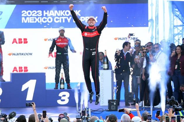 Winner Jake Dennis GBR Jump on the podium, Formula E FIA World Championship, Season 9, Mexico City E Prix, 14 01 2023, MEX