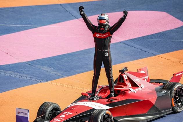 DENNIS Jake (gbr), Avalanche Andretti Formula E, Spark-Porsche, Porsche 99X Electric, portrait celebrates the victory during the 2023 Hankook Mexico City E-Prix, 1st meeting of the 2022-23 ABB FIA Formula E World Championship, WM, Weltmeisterschaft on the Autodromo Hermanos Rodriguez from January 12 to 14, in Mexico City, Mexico - AUTO - 2023 FORMULA E MEXICO CITY ePRIX DPPI Panoramic  03423001__R3_8566
