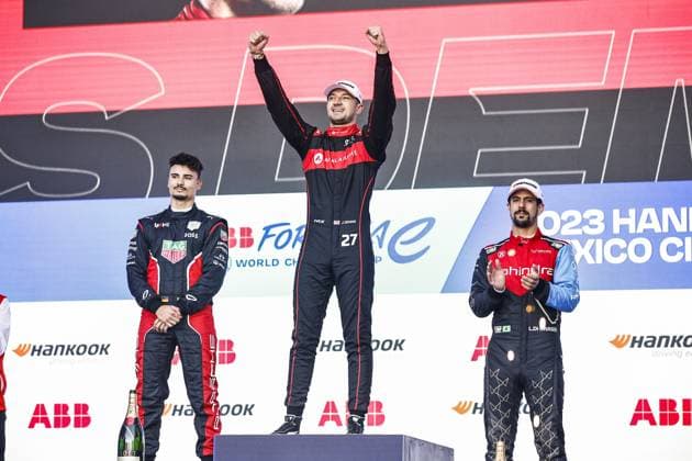 DENNIS Jake (gbr), Avalanche Andretti Formula E, Spark-Porsche, Porsche 99X Electric, portrait WEHRLEIN Pascal (ger), TAG HAUER Porsche Formula E Team, Porsche 99X Electric, portrait DI GRASSI Lucas (bra), Mahindra Racing, Spark-Mahindra, Mahindra M9-Electro, portrait podium, portrait during the 2023 Hankook Mexico City E-Prix, 1st meeting of the 2022-23 ABB FIA Formula E World Championship, WM, Weltmeisterschaft on the Autodromo Hermanos Rodriguez from January 12 to 14, in Mexico City, Mexico - AUTO - 2023 FORMULA E MEXICO CITY ePRIX DPPI Panoramic 03423001__R5_8425