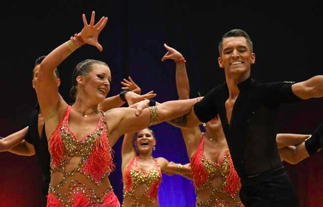 GER Dancing, 1 National League of Latin Formations 14 01 2023, GER Dancing, 1 National League of Latin Formations,, Preliminary Round, in FB Hofheim Ruesselsheim Fischbach A Team with the theme Wiir are Physical nordphotoxGmbH xWitke nph00002