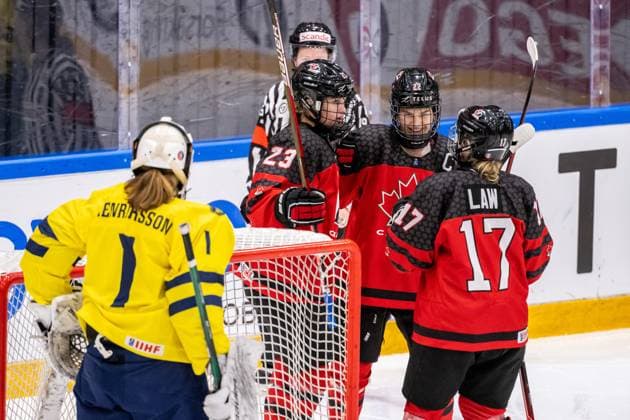 230115 Caitlin Kraemer and Jocelyn Amos of Canada celebrate the 10 0 goal during the 2023 IIHF U18 Women s World Championship final between Canada and Sweden on January 15, 2023 in Östersund Photo Mathilda Ahlberg BILDBYRAN kod MA MA0381 ishockey ice hockey u18 vm u18 vm 2023 iihf u18 womens world championship final kanada sverige sweden canada dam bbeng jubel,  Copyright: MATHILDAxAHLBERG BB230115MA144