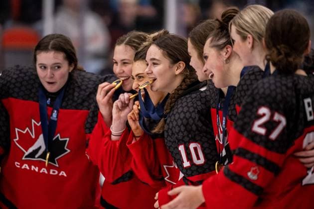 230115 Eloise Caron of Canada celebrate with the gold medal after the 2023 IIHF U18 Women s World Championship final between Canada and Sweden on January 15, 2023 in Östersund Photo Mathilda Ahlberg BILDBYRAN kod MA MA0381 ishockey ice hockey u18 vm u18 vm 2023 iihf u18 womens world championship final kanada sverige sweden canada dam bbeng jubel,  Copyright: MATHILDAxAHLBERG BB230115MA163
