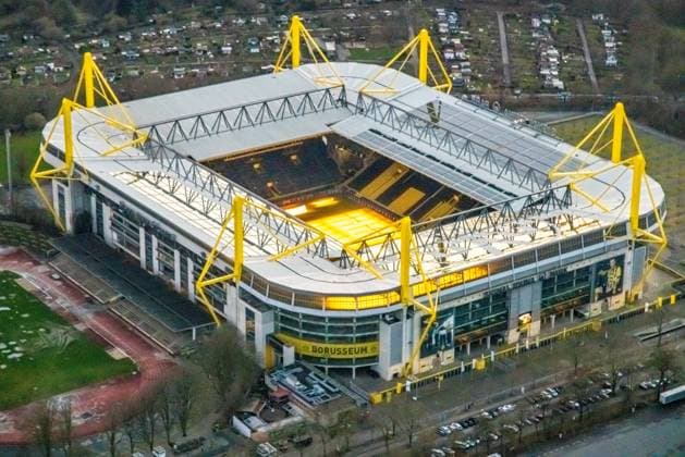 Aerial view, Signal Iduna Park, Bundesliga stadium BVB 09 Dortmund, Westfalenhalle, Dortmund, Ruhr area, North Rhine-Westphalia, Germany ATTENTIONxMINDESTHONORARx60xEURO